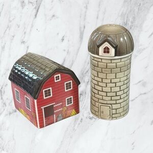 Department 56 Red Barn and Tan Silo Ceramic Salt and Pepper Shakers